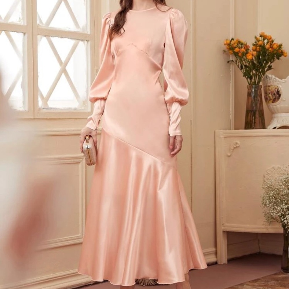 Shein Puff Sleeve Cut Out Back Satin Dress